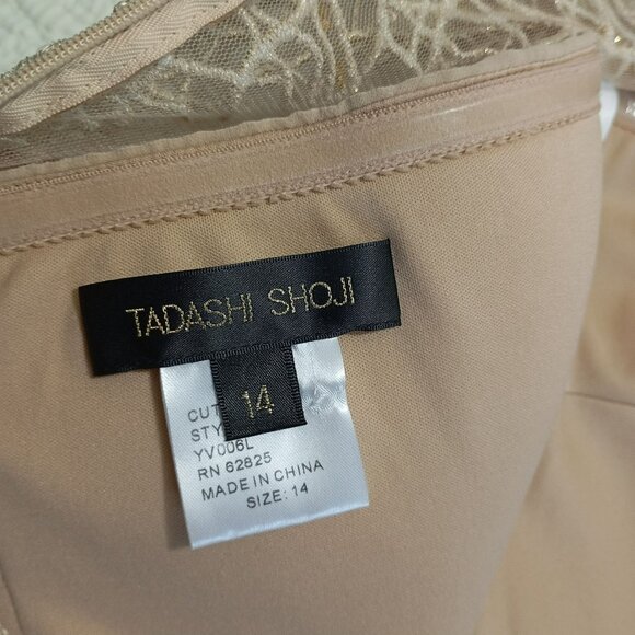 Tadashi Shoji Evening Gown Gold Beaded Lace Cap Sleeves Pleated Front Sz 14 - Picture 2 of 12